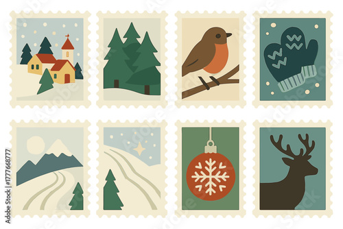 Colorful winter stamp collection featuring snowy landscapes, animals, and holiday symbols in a retro style
