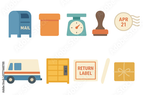Mail delivery and package handling icons representing various postal activities and services