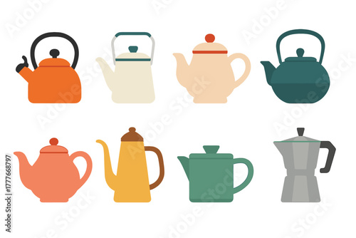Various styles of kettles and teapots arranged in a colorful display showcasing different shapes and materials