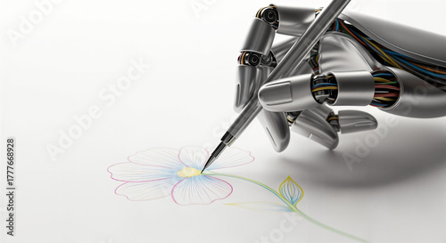 Robot Hand Drawing a Flower with Precision Pen, futuristic composition, technology&art, generative ai