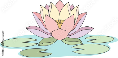 Delicate illustration of a lotus flower in pastel colors floating on water with lily pads