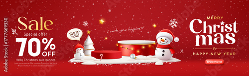 Merry Christmas and happy new year sale, red podium, snowman on snow banner design on red background
