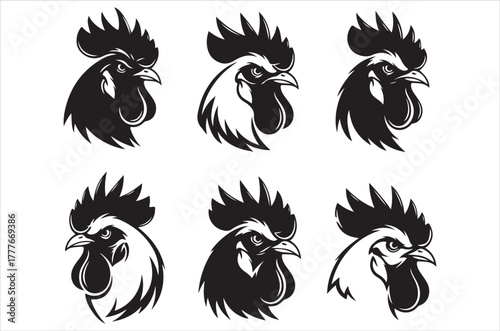 A collection of six black and white rooster head graphic designs