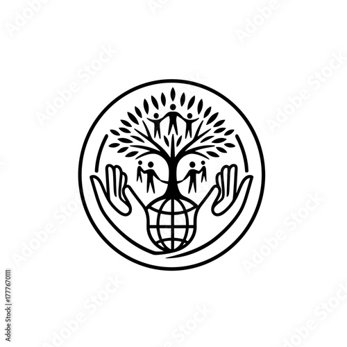 Hands holding a globe with a tree and people illustration  