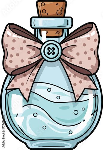 A cartoon potion bottle filled with light blue liquid and bubbles, adorned with a pink polka dot bow and a decorative button