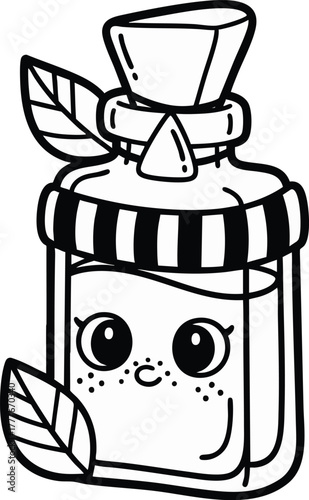 A charming black and white illustration features a cute potion bottle with a happy face, adorned with leaves, perfect for fantasy themes, witchcraft, or children's content