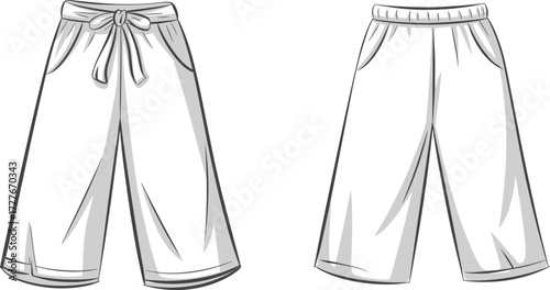 Vector illustration of casual white pants with drawstring and elastic waistband styles, fashion clothing design, side pockets, flat front