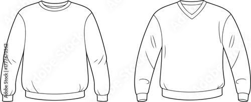 Vector illustration of crew neck and V-neck sweaters, fashion clothing design template, apparel outline, casual wear style, garment sketch