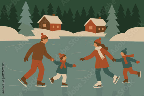 No skating cozy icon warm winter characters marks labels speech text flat