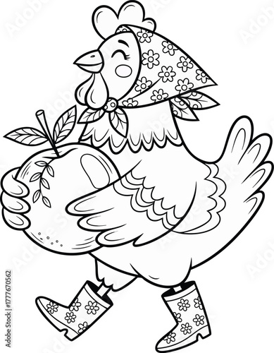 A cheerful cartoon hen, adorned with a headscarf and boots, happily walks while holding a large apple. Ideal for children's coloring pages