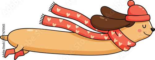A cheerful cartoon dachshund, wearing a red beanie, heart-patterned scarf, and boots, is joyfully flying