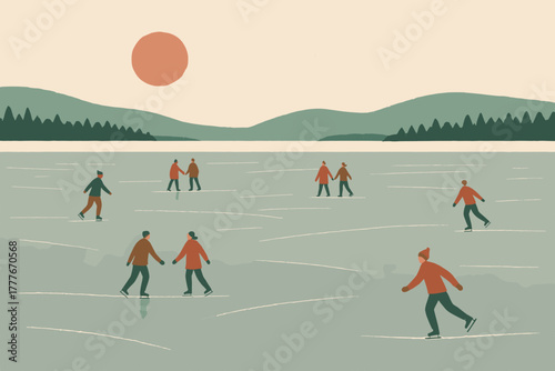 Flat icon models frozen lake no letters colors geometric chinese skaters vector