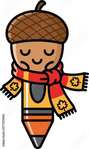 A cute cartoon acorn character wearing a warm scarf with autumn leaf patterns, suggesting a cozy and whimsical educational theme for the fall season