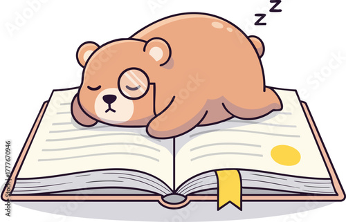 A cute cartoon bear with a monocle sleeps soundly on an open book