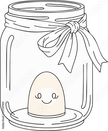 A cute cartoon egg with a smiling face sits inside a glass jar, adorned with a bow. This illustration evokes joy and can be used for various projects