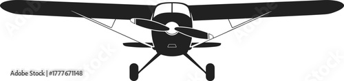Front view silhouette of small propeller airplane with wings, landing gear, cockpit, aviation design vector illustration for education