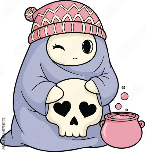 A cute, cartoon ghost character in a pink beanie holds a skull with heart eyes and a bubbling pink cauldron