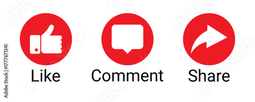Red Circular Social Media Icons with White Like, Comment, and Share Symbols and Labels for Engagement UI