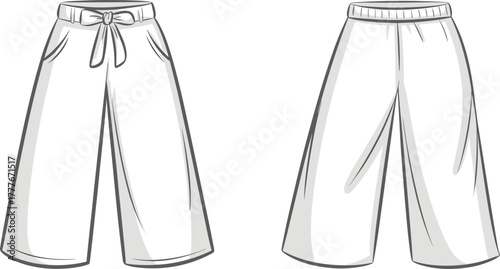 Fashion vector illustration of wide leg pants with drawstring waistband and elastic waist design, casual and formal clothing styles