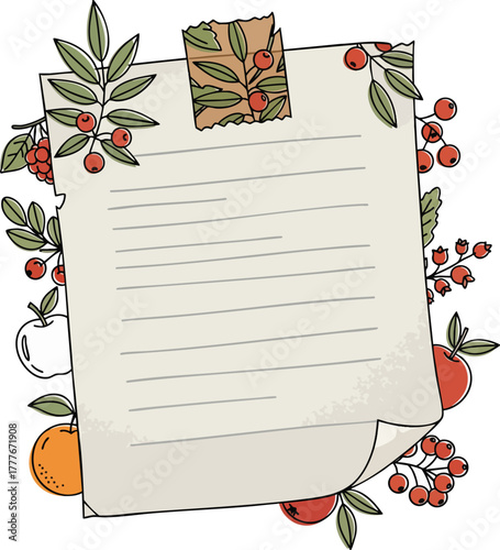 A lined paper note is decorated with autumn berries and fruits, taped to a surface with textured tape