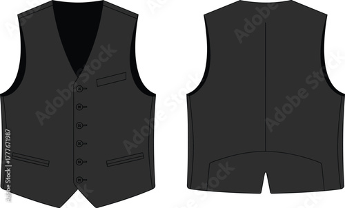 Black formal vest vector illustration front and back view, men’s fashion clothing design, tailored waistcoat apparel template for stock content