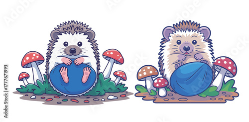 Adorable cartoon hedgehogs nestled amongst whimsical mushrooms bring a touch of forest magic and playful charm to any project.