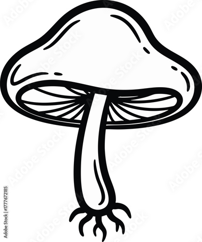 A simple, hand-drawn line art illustration of a mushroom with roots