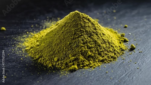 Matcha Powder Heap: Vibrant green matcha powder forms a small mountain, subtly lit against a dark background. Its texture is clearly visible, inviting a sense of tranquility and wellness.