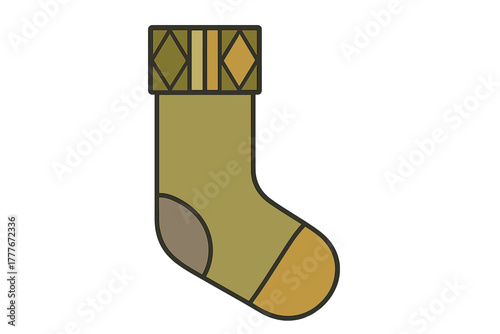 Decorative knitted sock with geometric patterns displayed in earthy tones for holiday celebrations