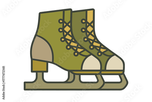 Pair of vintage green ice skates with laces ready for the winter season on a snowy outdoor rink environment