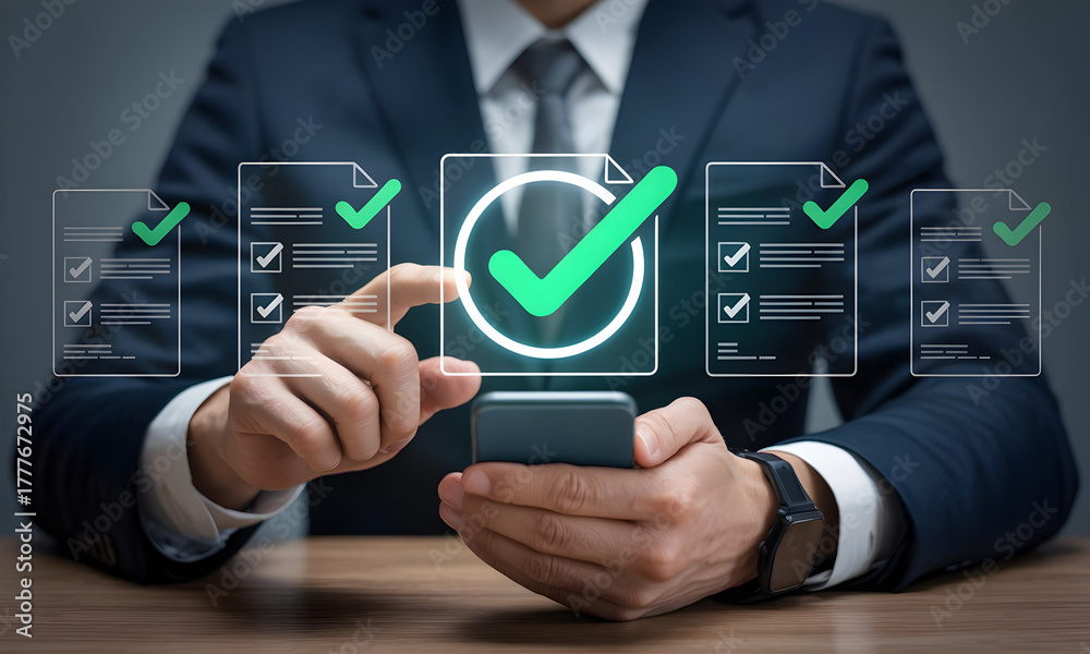 Obraz premium Professional approving tasks on digital checklist using smartphone for efficiency and success