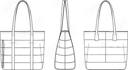 Technical Fashion Flat Sketch of Quilted Leather Tote Bag with Side View and Back View, Vector Template for Design and Production.