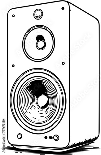 Vector illustration of a single speaker system with a woofer and tweeter, presented in a line art style