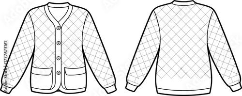 Front and back technical flat sketch of quilted women cardigan with buttons, pockets, ribbed cuffs and hem, fashion design template