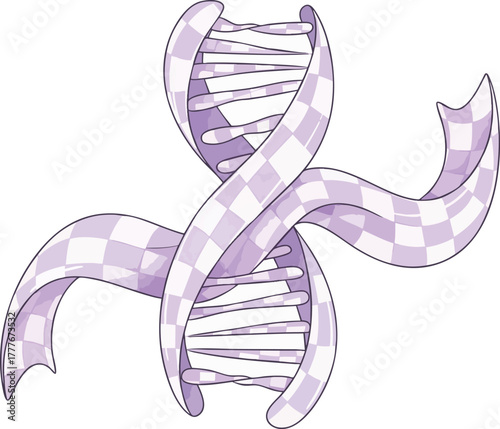 Abstract illustration of a stylized DNA double helix featuring a purple checkered pattern and flowing ribbons