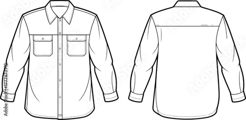 Long sleeve button up shirt flat sketch front and back view, technical fashion drawing, casual shirt design, apparel vector template illustration