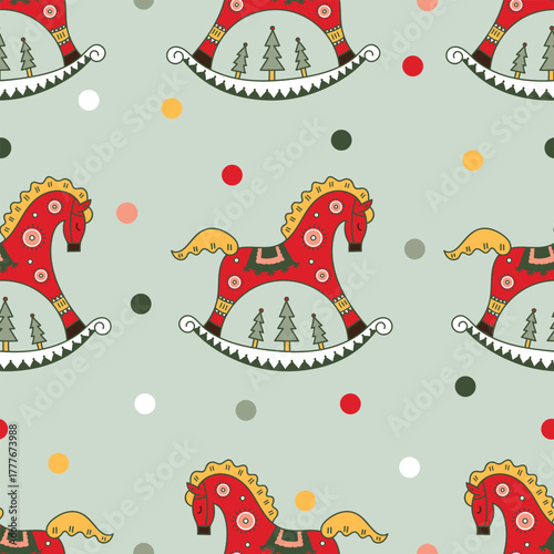 Retro Christmas-seamless pattern with rocking horses and confetti. Bright flat graphic style. Winter holiday background. Can be used for wallpaper, pattern fills, web page background, surface textures