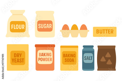 Baking ingredients arranged neatly on a kitchen countertop with flour, sugar, eggs, and more for delicious recipes