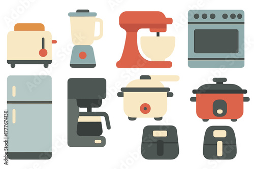 Kitchen appliances arranged neatly on a counter in a modern home setting with various colors and designs