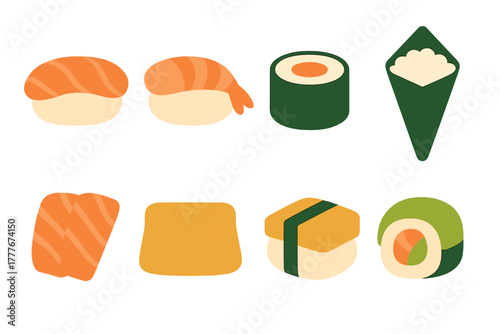 Different types of sushi displayed on a clean white background for food lovers and culinary enthusiasts