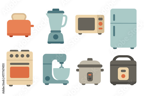 Kitchen appliances arranged in a flat design, featuring a toaster, blender, microwave, refrigerator, and more