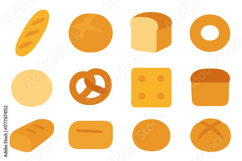 Variety of bread types and baked goods displayed in an organized layout on a clean background