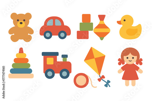 Colorful toys for children including plush bear, car, and building blocks for playful learning and fun