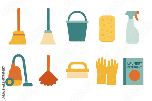 Kitchen cleaning tools and supplies including brooms, sponges, and detergent for effective home maintenance
