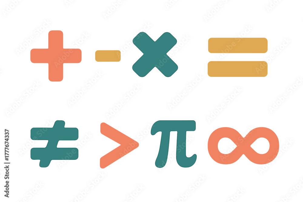Obraz premium Mathematical symbols in different colors showcasing operations, inequalities, and constants in a creative layout
