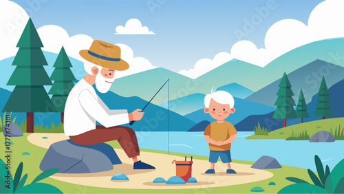 Grandfather fishing with grandson by a peaceful lake surrounded by mountains, trees and blue sky in a warm cartoon illustration