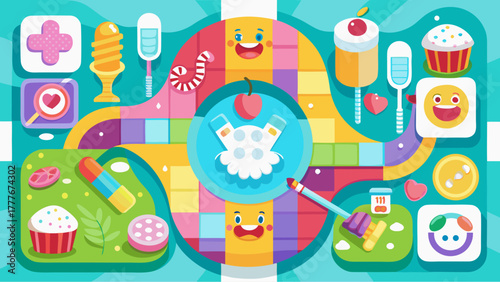 Colorful board game style illustration with dental and candy elements, playful characters, and health symbols in a fun, educational design for children