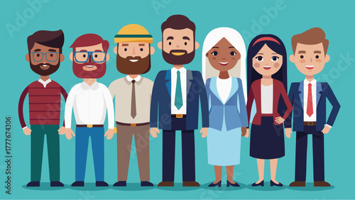 Diverse business team standing together in a row, smiling in formal and casual outfits in a flat cartoon illustration on blue background