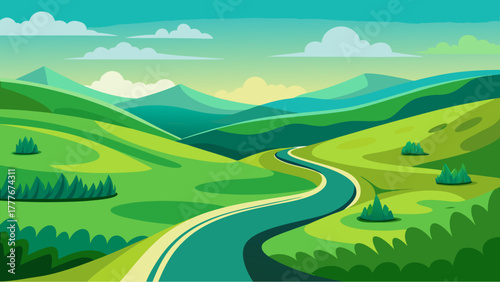 Cartoon landscape with green hills, winding river, distant mountains and soft clouds under a clear sky in bright, vibrant colors