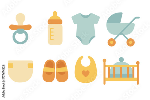 Colorful baby items such as pacifier, bottle, onesie, stroller, and crib arranged in a playful layout for child care essentials